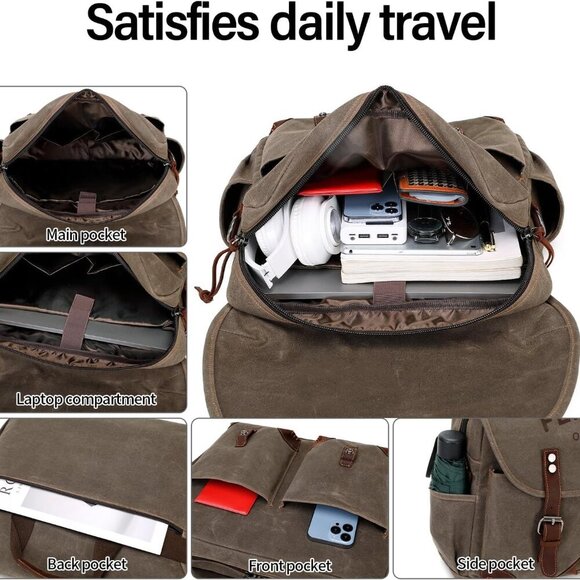 Mens Messenger Bag 15.6 Inch Vintage Waxed Canvas Genuine Leather Briefcase Leat - Picture 3 of 6